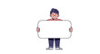 © Christopher - Illustration of a cartoon man holding a blank sign in front of him with a friendly smile and casual attire standing against a plain background from a straight viewpoint
