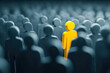 © Daria - Yellow figure standing out in a sea of dark gray silhouettes representing individuality, leadership, and uniqueness in a crowded environment