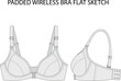 © Hey World - padded wireless bra flat sketch, womens lingerie apparel design, fashion cad drawing, flat vector illustration, technical underwear artwork