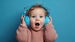 © mila103 - Surprised caucasian toddler enjoying music with blue headphones on blue background.