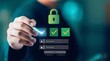 © MOST - Hand touching a digital screen with a secure login form, padlock icon, and green checkmarks, symbolizing successful online authentication, data protection, and cybersecurity