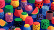 © Dezayn - Assorted colorful cylindrical objects and fruit slices on blue surface viewed from above