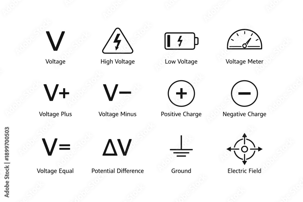 Electrical symbols: voltage, high and low voltage, positive and ...