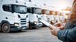 © StokHunt - Person using digital tablet managing logistics operations with truck fleet, tracking cargo and planning delivery routes