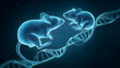 © liu - mutation. Two glowing mouse silhouettes connected by a DNA helix to their offspring, illustrating reproductive science. STEM education sheets.