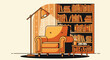 © no one - Cartoon style illustration of a cozy reading nook. Features an armchair, floor lamp, coffee table with book and mug, and a full bookcase. Use for blogs, articles, branding, or promotion.