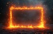 © miss irine - Burning rectangle shape with bright orange flames on dark background. Hot embers fly around, creating a dramatic and energetic abstract graphic with smoke.