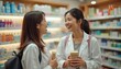 © miss irine - Two women in lab coats talk joyfully holding small boxes. They stand between shelves filled with health products in a bright store setting. Appears to be a friendly conversation between colleagues.