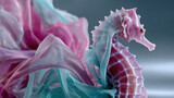 Surreal seahorse fantasy animal translucent fabric neon color underwater art dreamy vision marine creature pastel wave flowing cloth detailed texture Surreal seahorse with translucent neon fabric