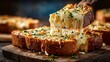 © fivan - Garlic bread with cheese pull moment, slice lifted showing melted mozzarella stretch, dark moody background, cinematic food photography