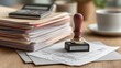 © Olena - Office desk with rubber stamp, document stack, calculator and coffee cup in workspace. The image represents productivity, bureaucracy and financial responsibility