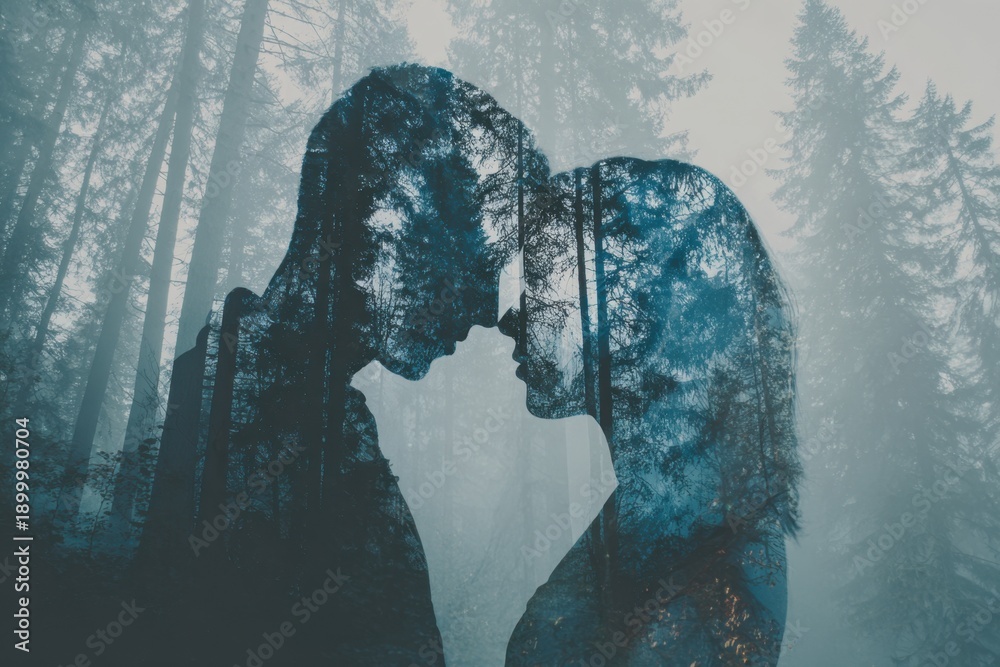 Double exposure of loving couple in forest