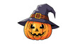 © Amelia - Grinning Halloween jack-o-lantern pumpkin wearing a large purple witch hat with a brown belt buckle isolated on a plain white background.