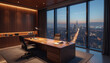 © Vadym - Modern executive office interior with large desk, leather chairs, floor-to-ceiling window overlooking city skyline at dusk. Wood paneling, ambient lighting, desk lamp create sophisticated atmosphere
