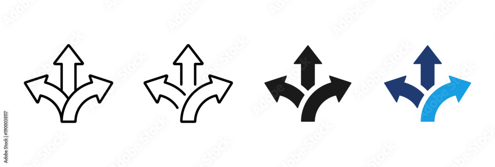 Direction arrow icon with multiple paths. Choice and decision making symbol. Strategy, planning and alternative route concept. Navigation, growth and progress pictogram for business scenarios.