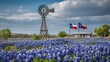 © BlackLion - Windmill stands in bluebonnet field with Texas flags in the background on a sunny day in Texas with clouds in the sky