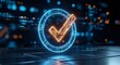 © Yuliia - Glowing neon checkmark symbol with futuristic holographic circle frame against blurred city lights background for digital verification and approval concepts.