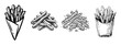 © David - Four hand-drawn french fries illustrations set in a black and white sketch style, showing potatoes in a cone, a box, and in piles for a fast food menu design