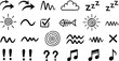 © Nayan Stock - Hand drawn doodle icon collection with arrows, symbols, waves, notes, and abstract signs in bold black sketch style
