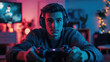 © TENphoto - Boy with headset plays video games in a modern room with colorful lights