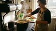 © AI Petr Images - Middle aged woman cooking soup on vintage stove in sunny kitchen, home meal prep with fresh herbs and steam, cozy domestic lifestyle for Thanksgiving