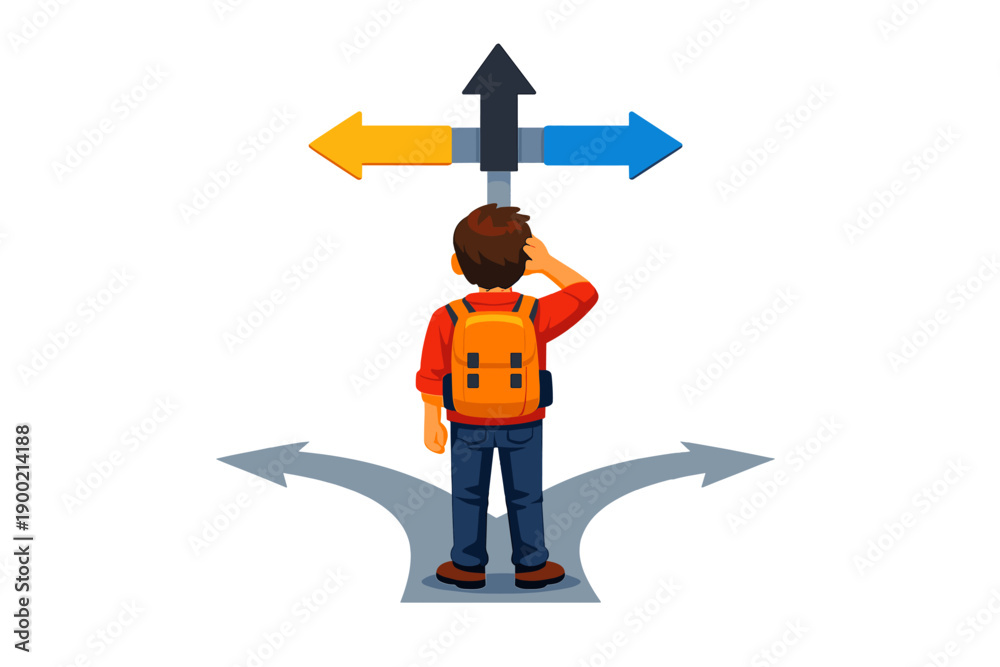 Young person stands at crossroad with arrows pointing in four ...
