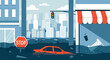 © PDWN Creative - Flooded Cityscape Vector Illustration with Submerged Car and STOP Sign