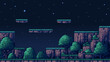 © hiten666 - Pixel art game background with night forest landscape and stars. Retro video game level design. Platformer arcade graphic asset.