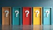 © Pete - Five doors of various colors, marked with large white question mark, represent choices, possibilities. Person faces multiple paths decisions, uncertainty, doubt, need for selection strategy.