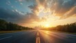 © Pete - Empty asphalt road leads to city skyline at sunset. Trees flank the highway with clouds in the sky. Sun sets on the horizon casting warm light.