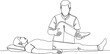 © MSTRAZINA - Continuous one line drawing of a physical therapist stretching patient leg for physiotherapy rehabilitation and wellness medical concept