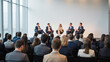 © Jasmine - Interview and round table discussion at business convention and presentation. Audience at the conference hall. Business and entrepreneurship symposium.