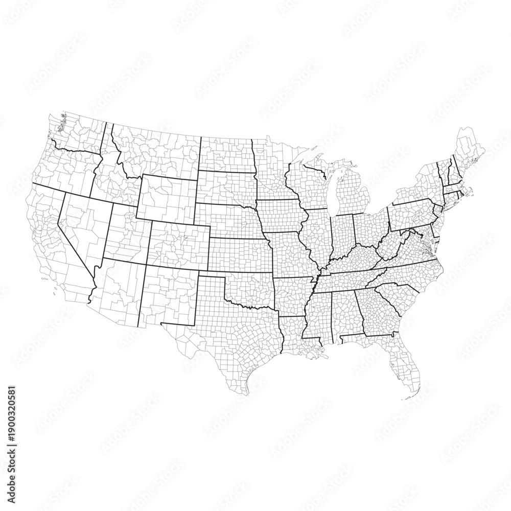 High detailed black and white political map of United States showing