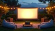 © Viktor - Cozy backyard outdoor cinema setup with projector screen, bean bags, and string lights for summer night viewing. Perfect for family movie nights or romantic evenings in a garden setting.