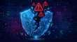 © solom - broken digital shield with red warning signs symbolizing cyber security breach data theft vulnerability network hack risk and information protection failure on futuristic circuit background