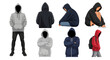 © Avra - Illustration of various hooded figures showcasing different clothing styles and poses from multiple viewpoints
