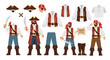 © Avra - Pirate character design concept illustration showcasing various costumes and accessories on a clean white background