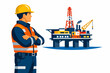 © InspireLens - Offshore oil rig worker in safety vest and hard hat stands near industrial platform