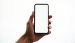 © Viktor - Hand holds blank screen smartphone. Person shows portable device for app, web, or game. Use for tech ad, mobile service promo, or online content.
