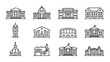 © moazzam - Minimalist Vector Line Icon Set of Public Buildings and Architecture, Featuring University Campus, Government Offices, Church, Factory, Clock Tower, School, and Museum Symbols on White Background.