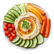 © An - A close-up of hummus spread on a plate, surrounded by fresh vegetable slices. full length isolate on transparent background