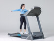 © Bangkok Click Studio - Full body asian young beautiful cheerful happy woman active sport girl in sportswear exercise running jogging on treadmill athlete training, gray or white background studio healthy wellness lifestyle.