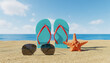 © Gul - Beautiful colorful background for summer beach holiday. Sunglasses, starfish, turquoise flip-flops on sandy tropical beach against blue sky with clouds on bright sunny day. Tropical Beach Vacation