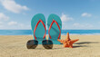 © Gul - Beautiful colorful background for summer beach holiday. Sunglasses, starfish, turquoise flip-flops on sandy tropical beach against blue sky with clouds on bright sunny day. Tropical Beach Vacation