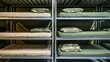 © ConceptExpert - Rows of simple metal cots with thin mattresses and pillows are stacked in a military barracks or dormitory setting