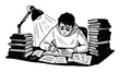 © Maestro - A focused student is writing intently at a desk, surrounded by stacks of books and papers under a desk lamp, embodying the hard work and dedication required for academic endeavors and