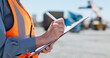 © Azeemud25/peopleimages.com - Hands, shipping yard and man with clipboard, export and inspection for cargo distribution. Closeup, outdoor and person with documents, inventory and shipment schedule for import, logistics or writing