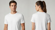© haris - Two models, a man and a woman, showcasing plain white short-sleeved t-shirts in a studio setting.