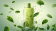 © morepiixel - A vibrant green bottle surrounded by splashing water and floating leaves, conveying freshness and natural ingredients.