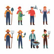 © Maya - Collection of male and female farmers and gardeners standing with various tools, including shovels, rakes, watering cans, and a wheelbarrow.
